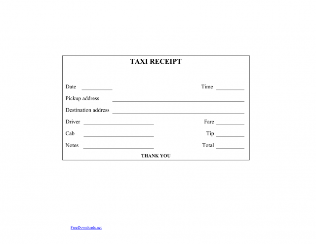 Yellow Cab Taxi Receipt Blank