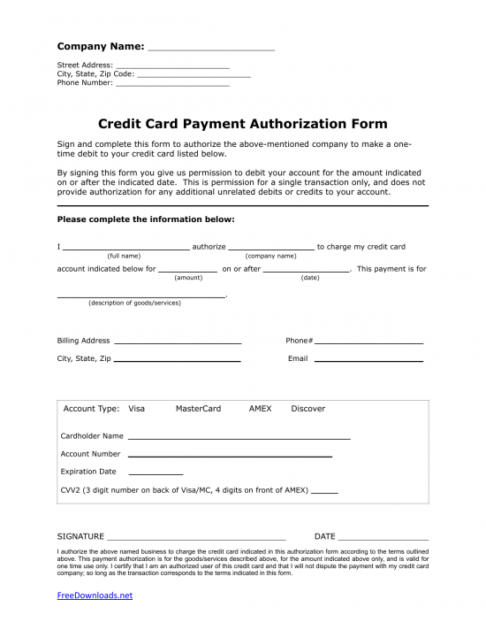 Download One (1) Time Credit Card Authorization Payment Form | PDF ...