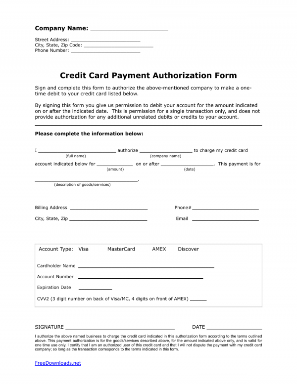 Download One 1 Time Credit Card Authorization Payment Form Pdf Rtf Word 5089