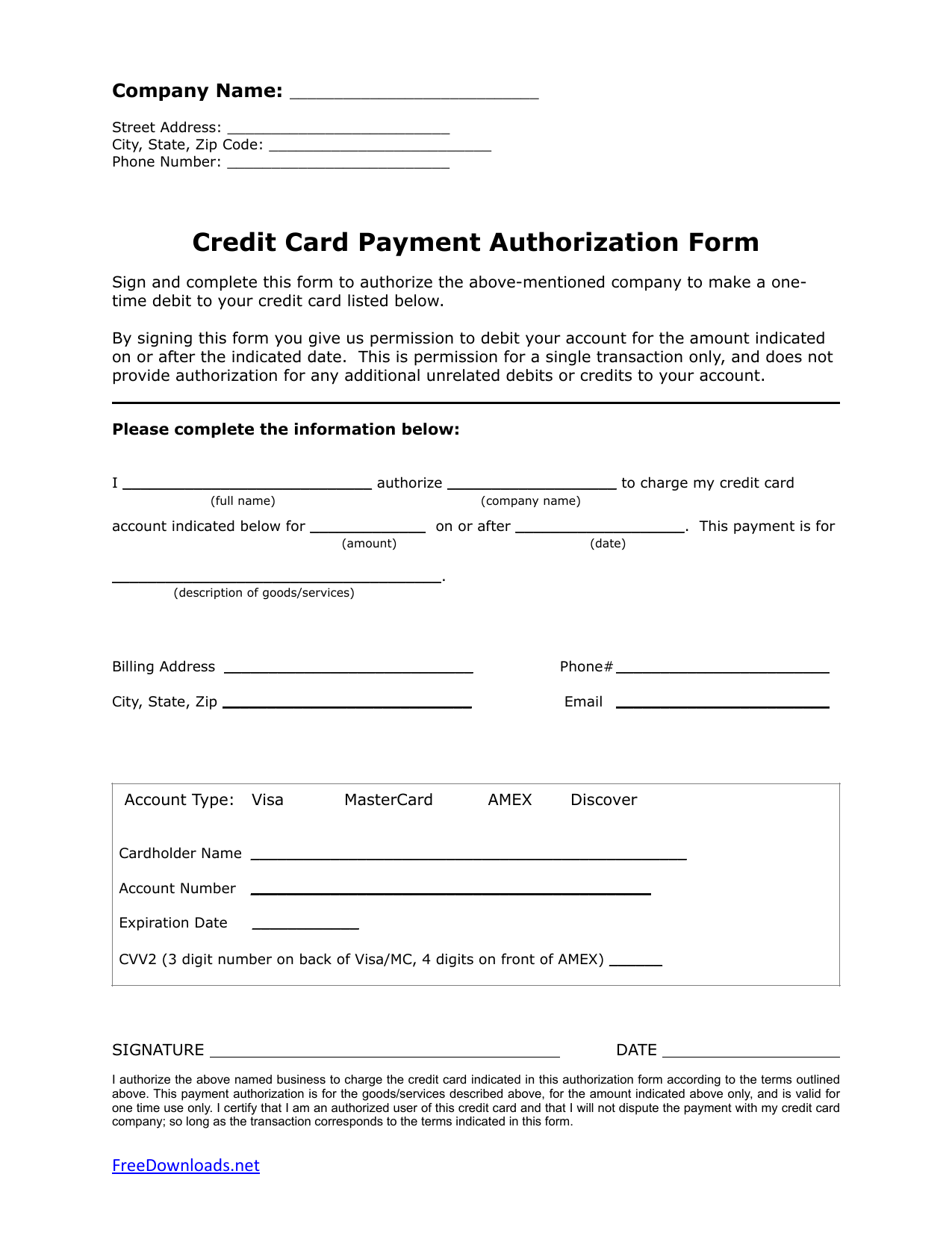 Download One (1) Time Credit Card Authorization Payment Form PDF