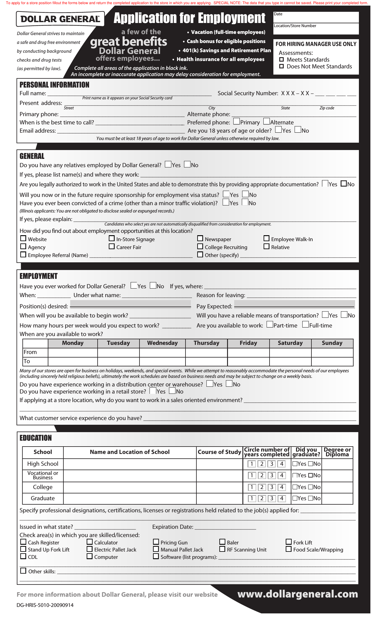 dollar general job application