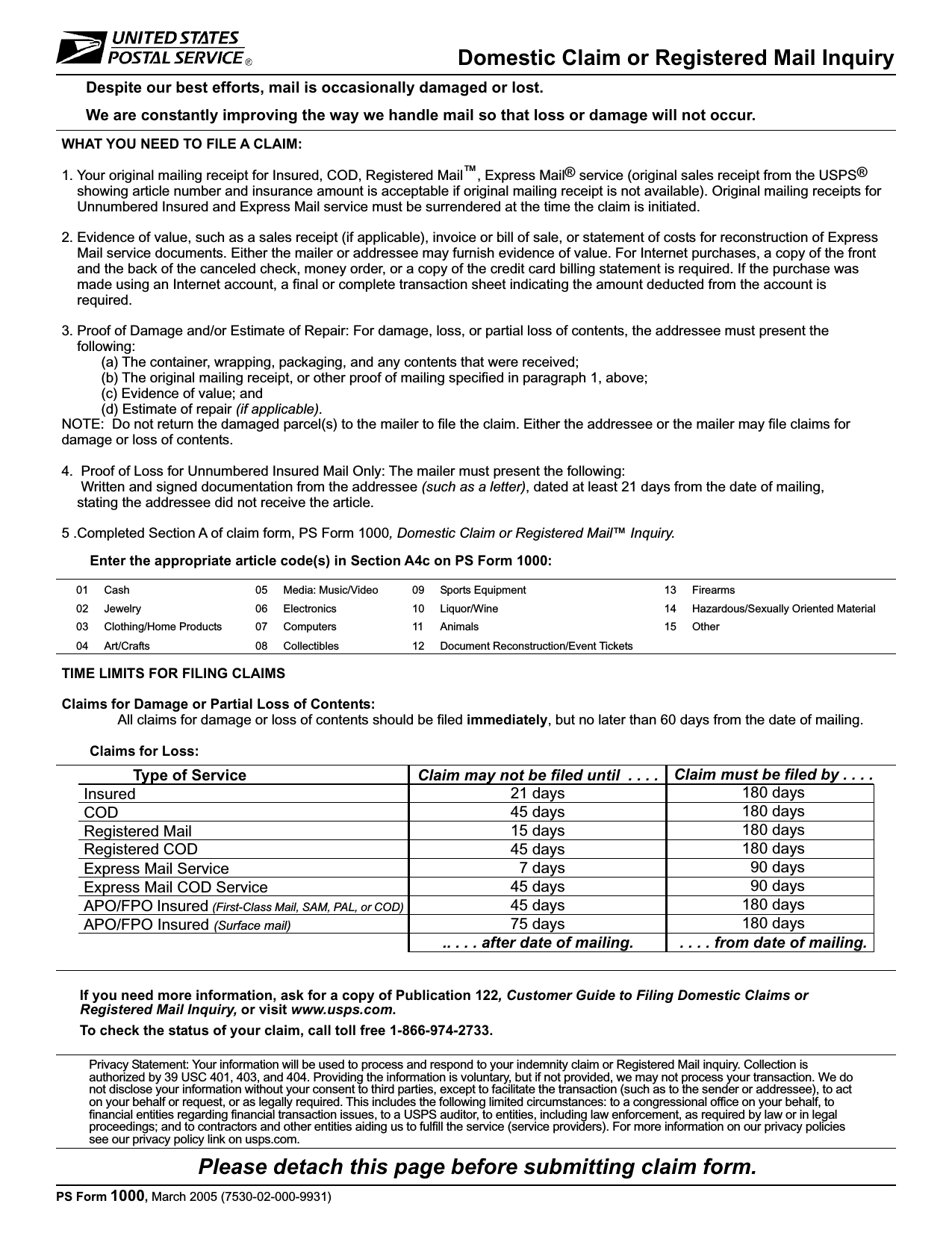 Download USPS Form 14 | Claim for Loss or Damage | PDF ...