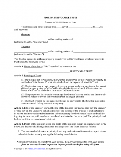 Download Florida Irrevocable Living Trust Form Pdf Rtf Word