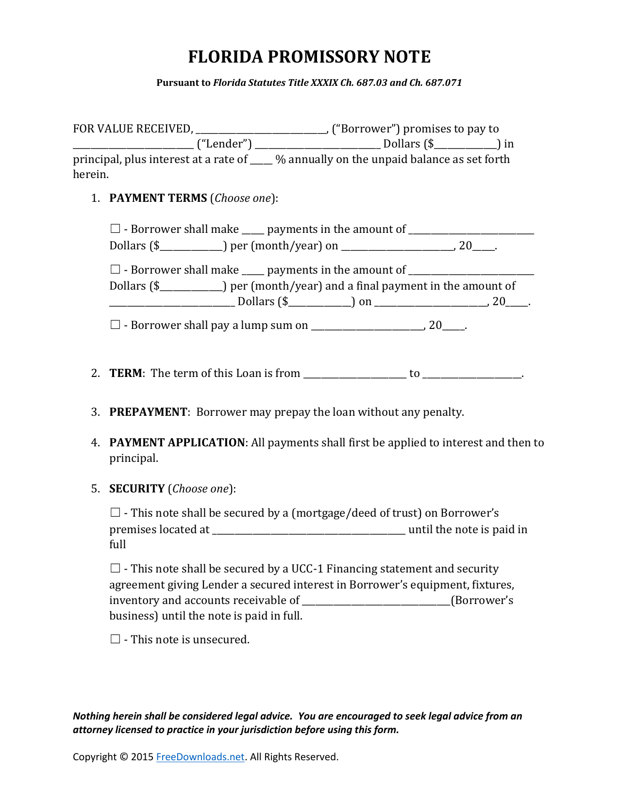 Download Florida Promissory Note Form  PDF  RTF  Word With Regard To Promisorry Note Template