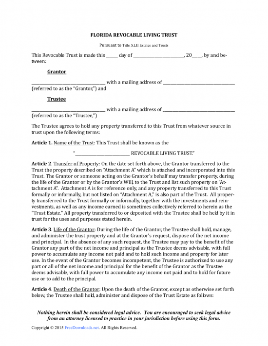 Download Florida Revocable Living Trust Form PDF RTF Word