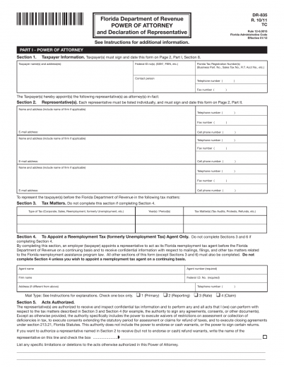 Download Florida Tax Power of Attorney - Form DR-835 - Dept. of Revenue ...