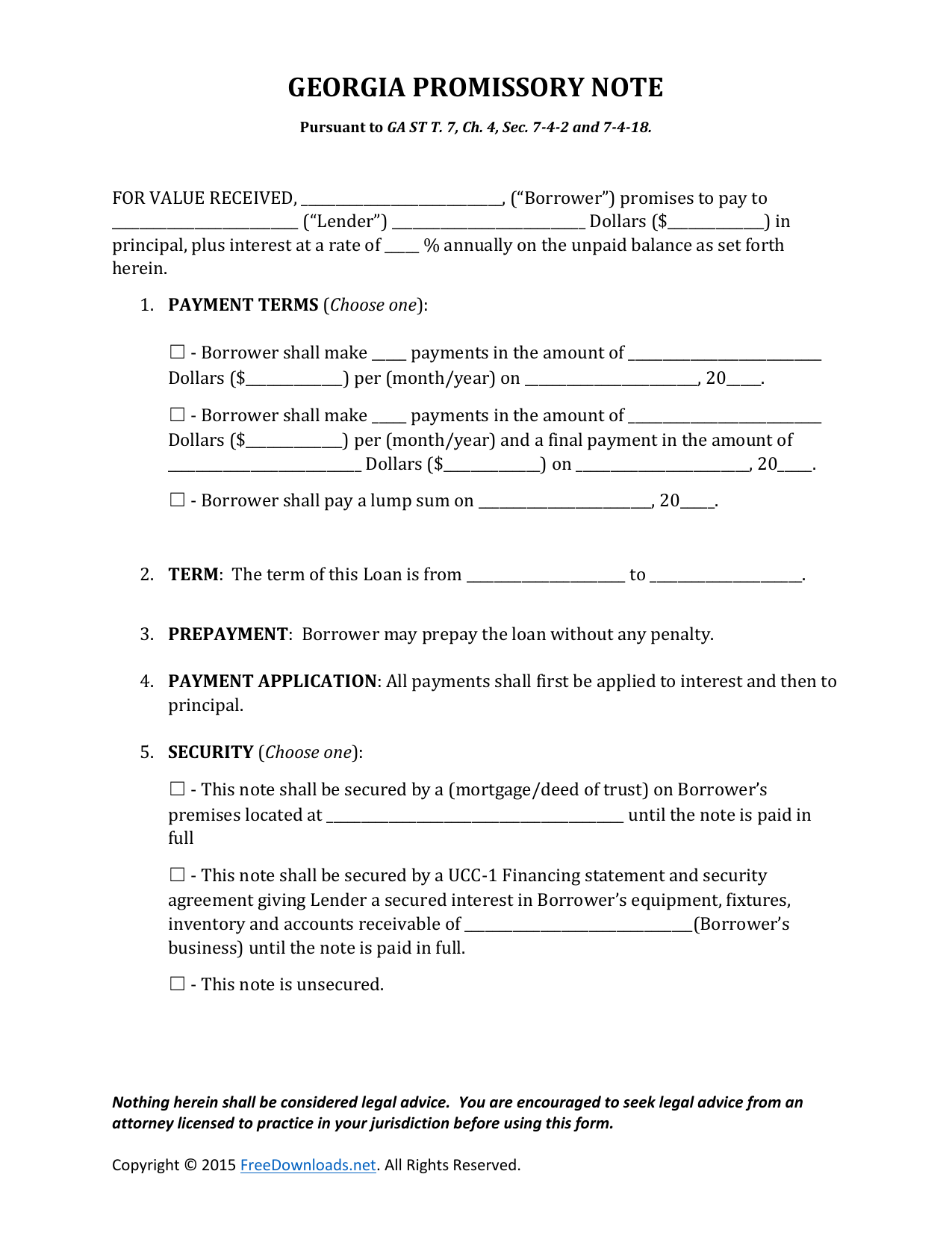Download Georgia Promissory Note Form  PDF  RTF  Word 