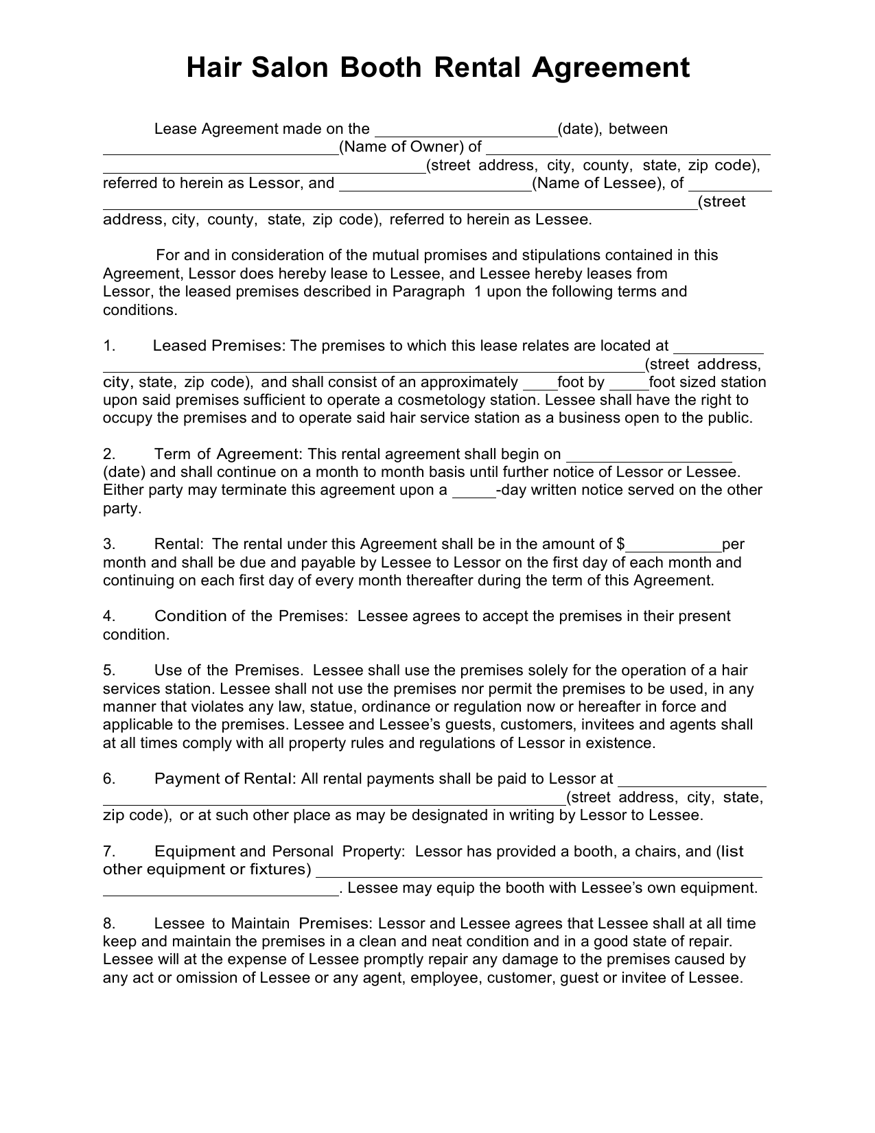 Salon Booth Rental Agreement Template