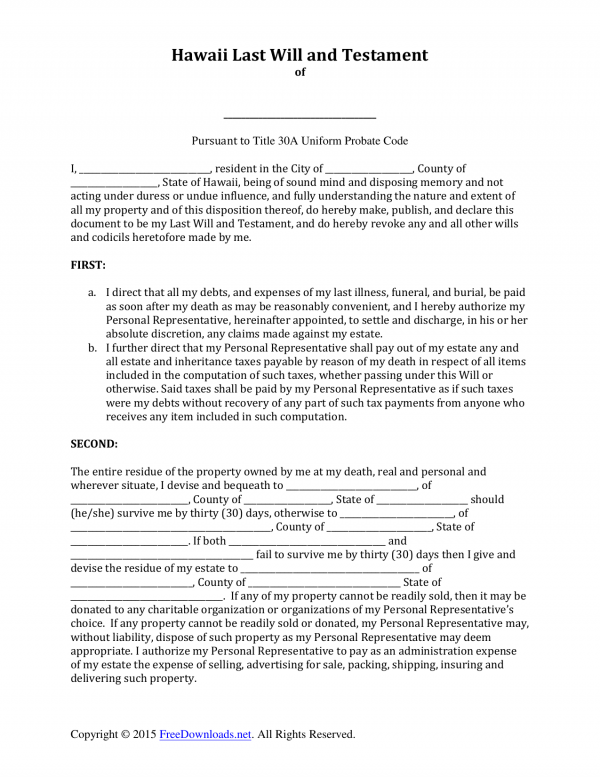 Download Hawaii Last Will and Testament Form | PDF | RTF | Word ...