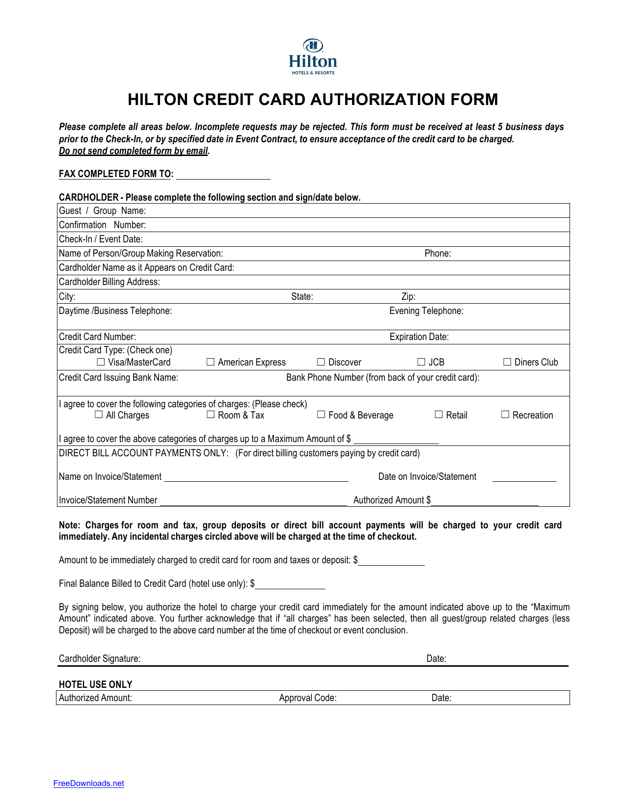 Download Hilton Credit Card Authorization Form Template PDF 