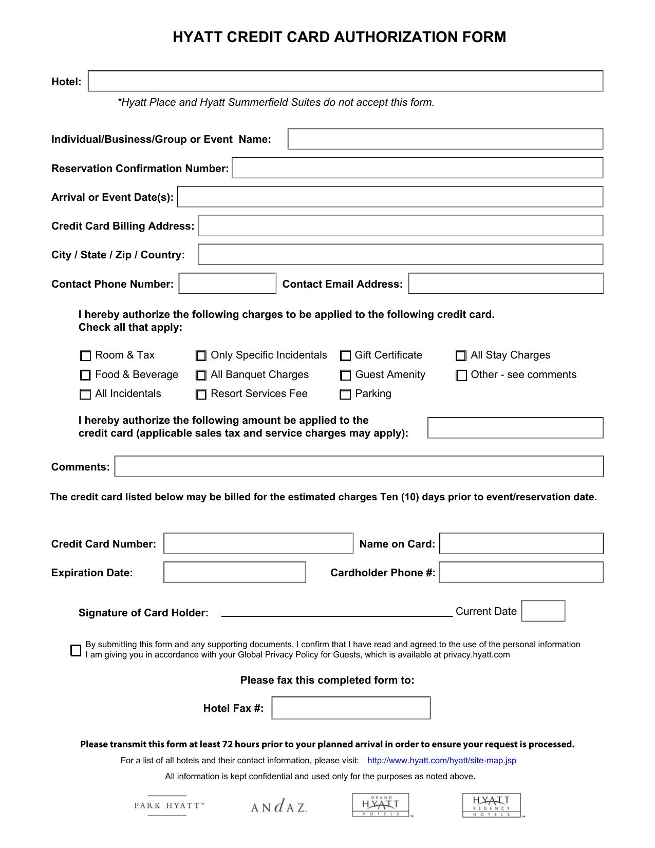 Hotel Credit Card Authorization Form Template