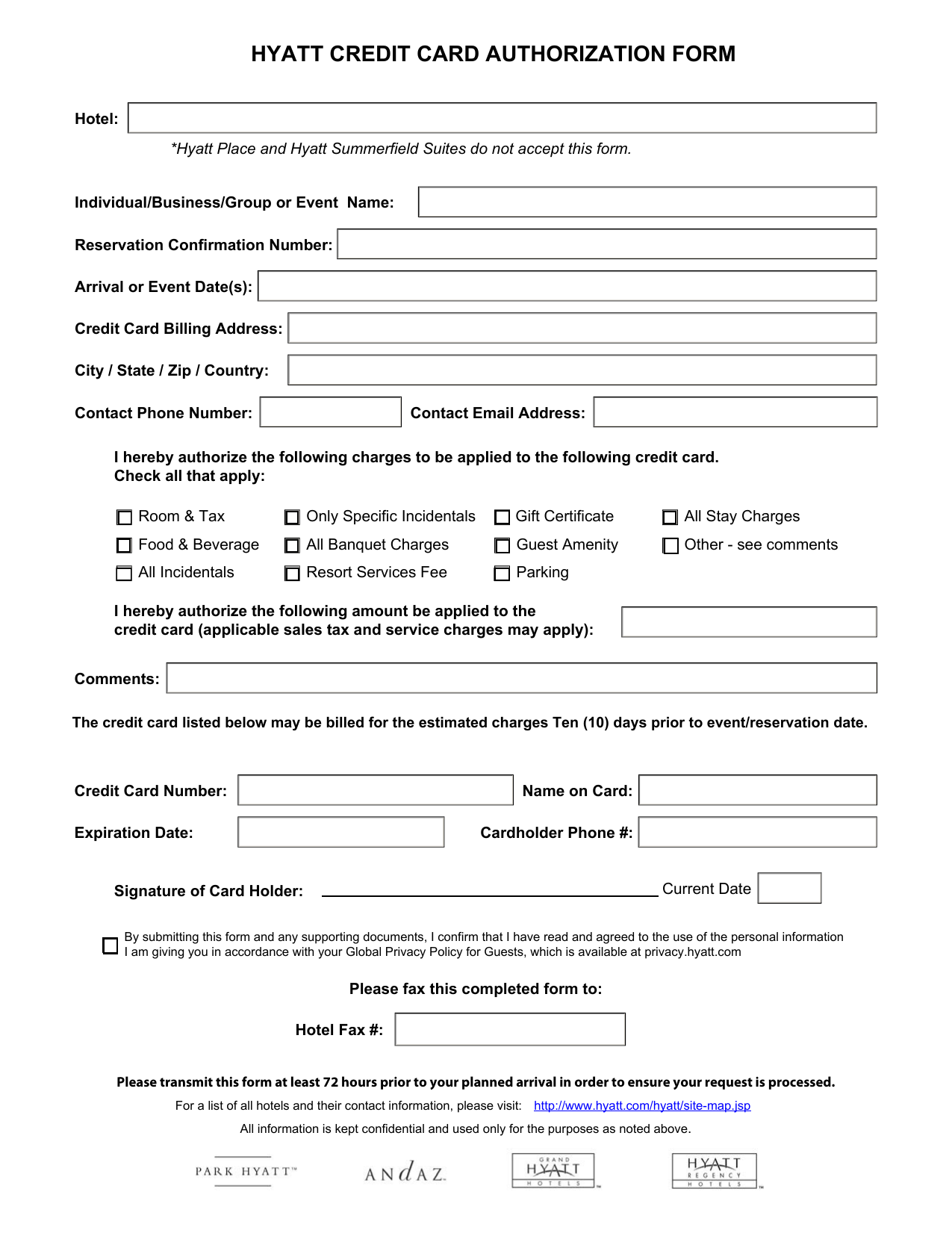 Hotel Credit Card Authorization Form Template 7664