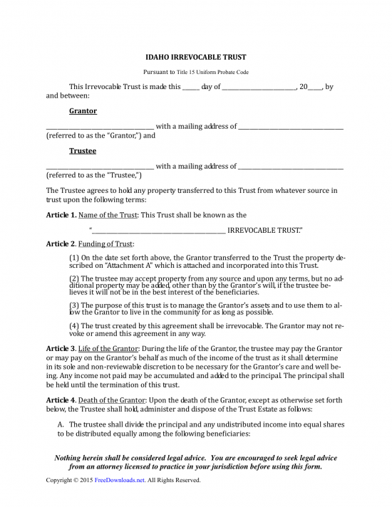 Download Idaho Irrevocable Living Trust Form | PDF | RTF | Word ...