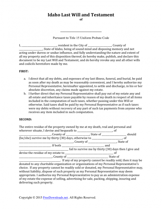Download Idaho Last Will and Testament Form PDF RTF Word