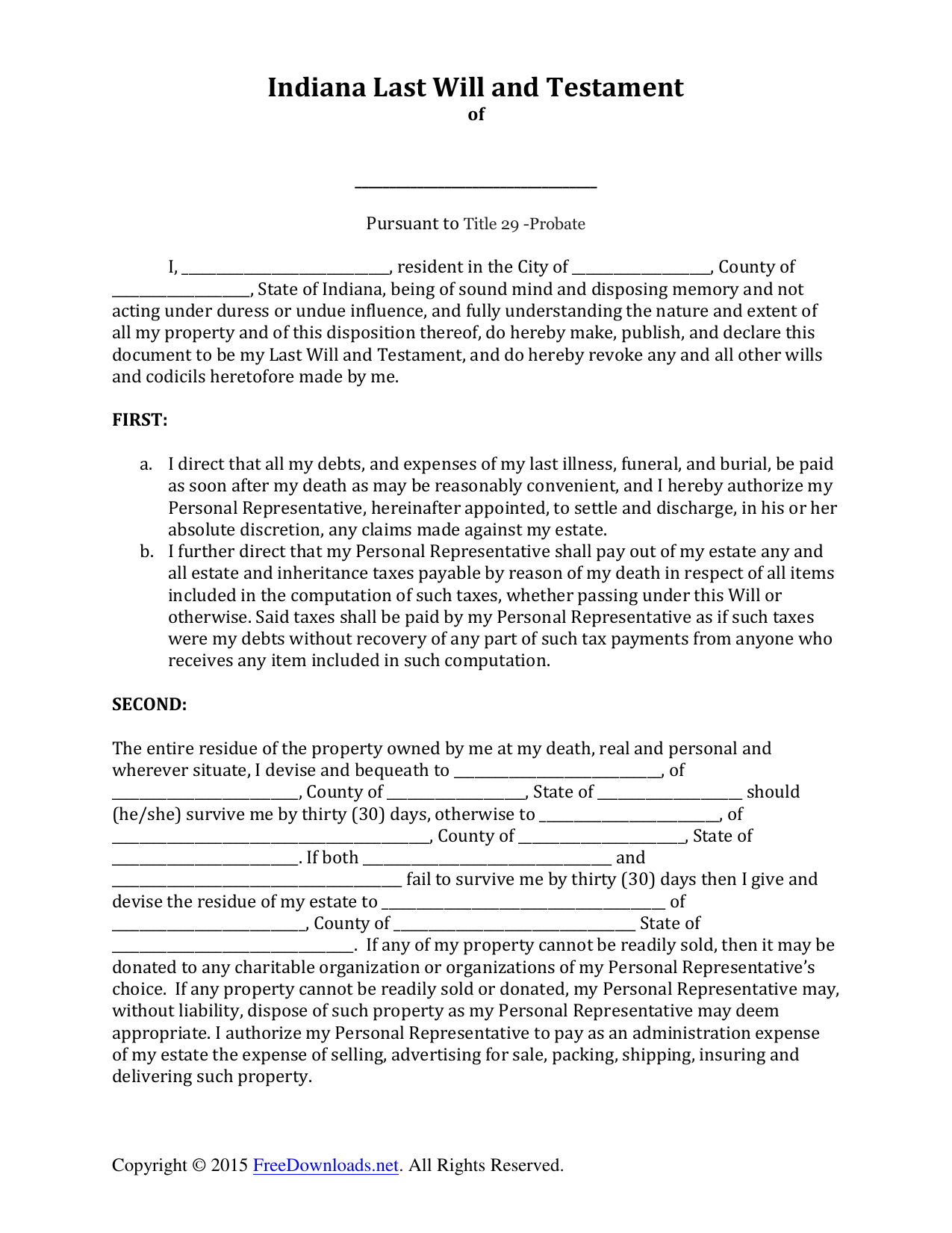 Download Indiana Last Will And Testament Form Pdf Rtf Word Freedownloads Net