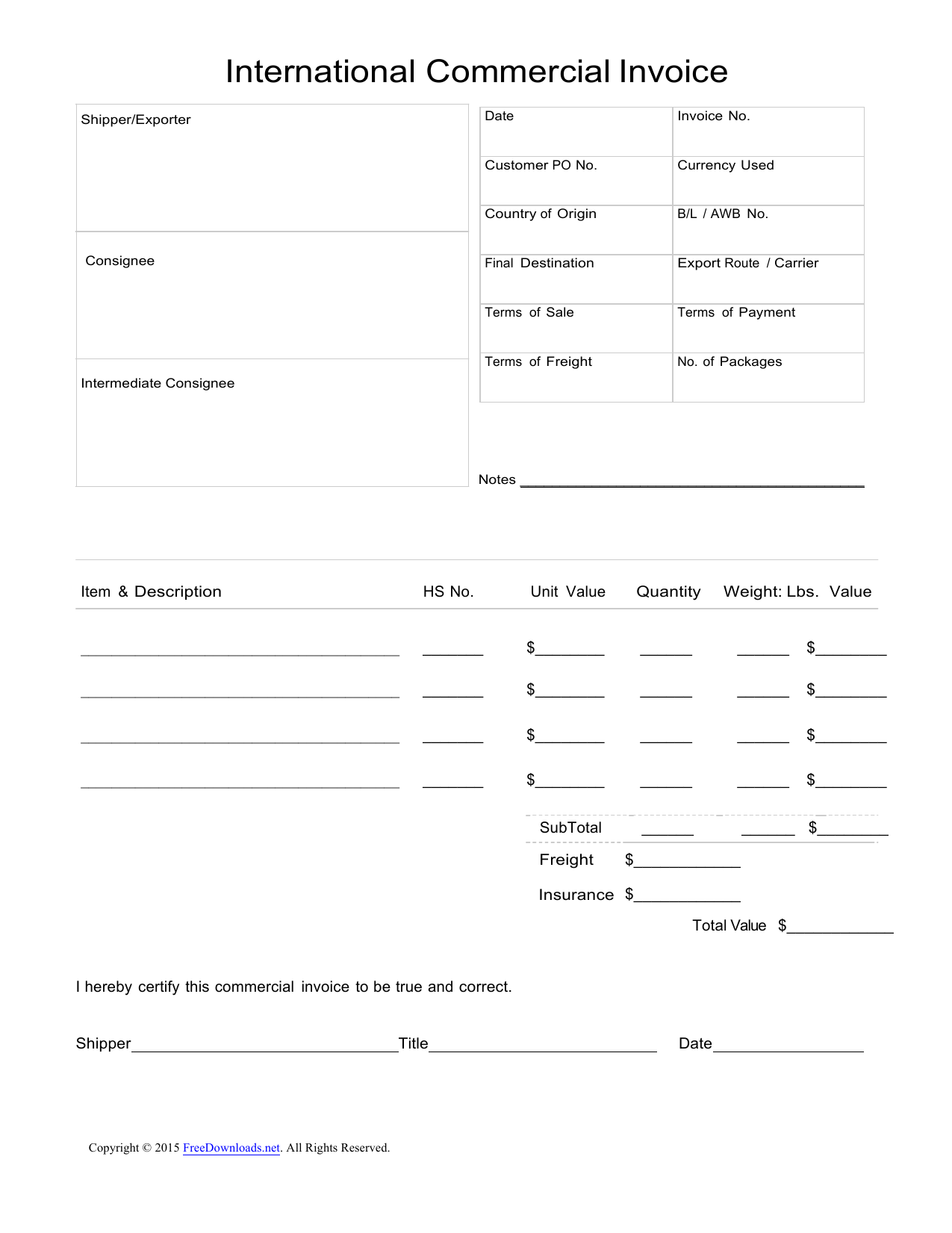 download standard blank commercial invoice template excel pdf rtf