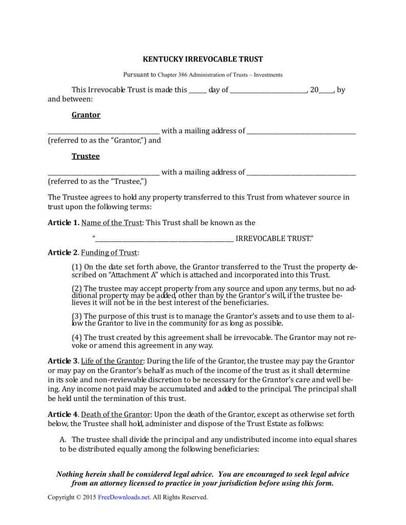 Download Kentucky Irrevocable Living Trust Form PDF RTF Word   Kentucky Irrevocable Living Trust.pdf 791x1024 