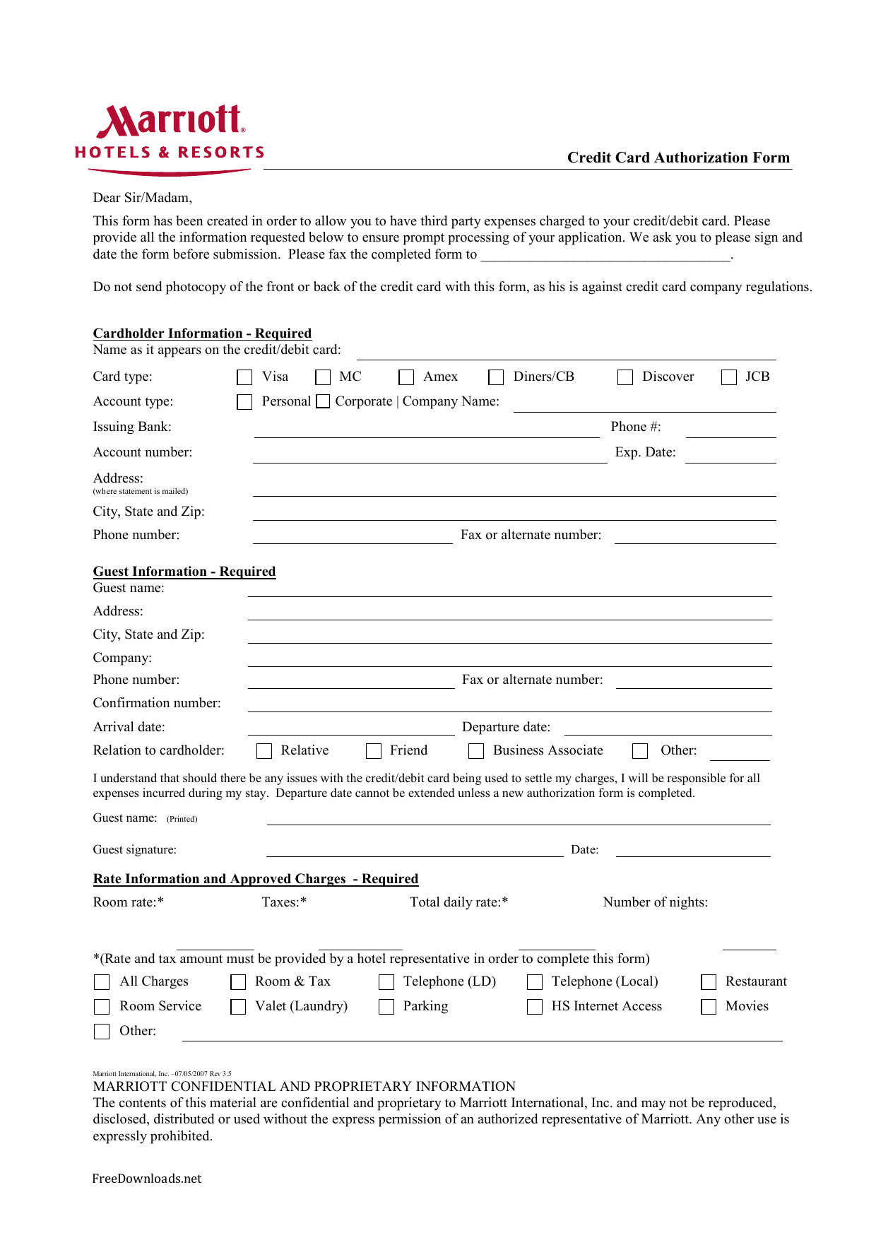 Download Marriott Credit Card Authorization Form Template PDF FreeDownloads