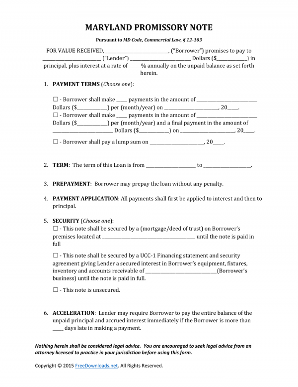 Download Maryland Promissry Note Form | PDF | RTF | Word ...