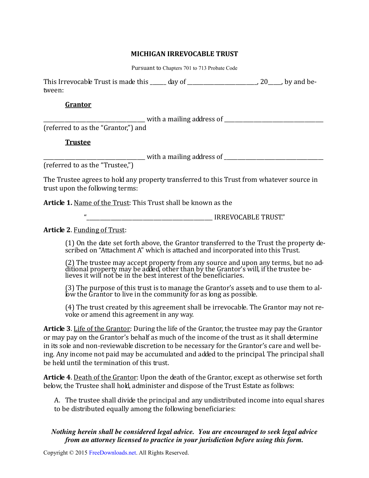 Download Michigan Irrevocable Living Trust Form PDF RTF Word