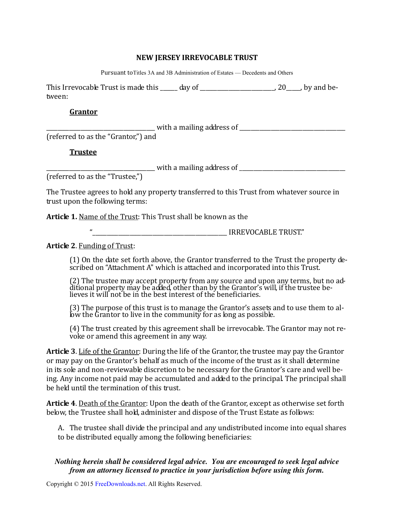 Download New Jersey Irrevocable Living Trust Form | PDF | RTF | Word