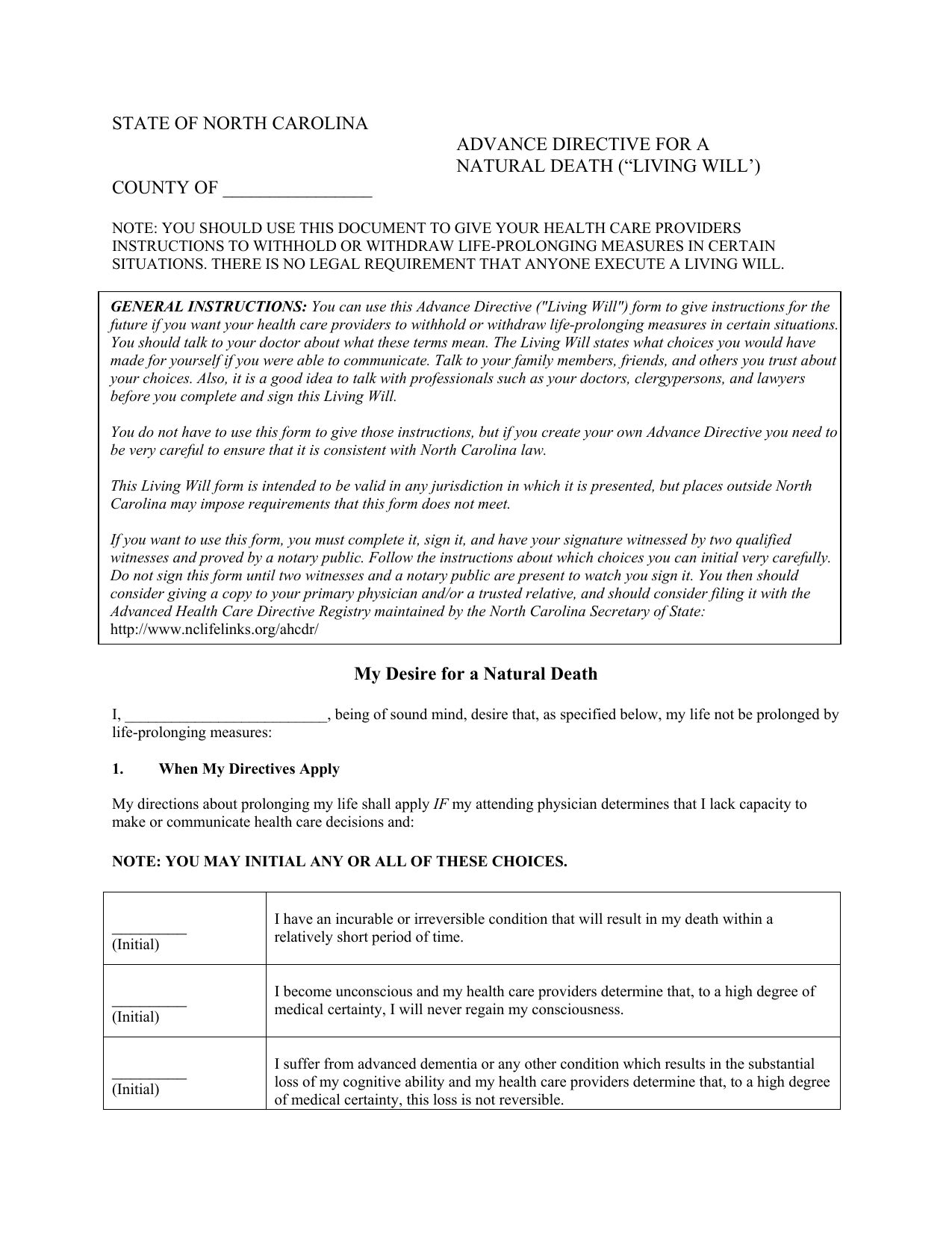 Download North Carolina Living Will Form Advance Directive PDF FreeDownloads