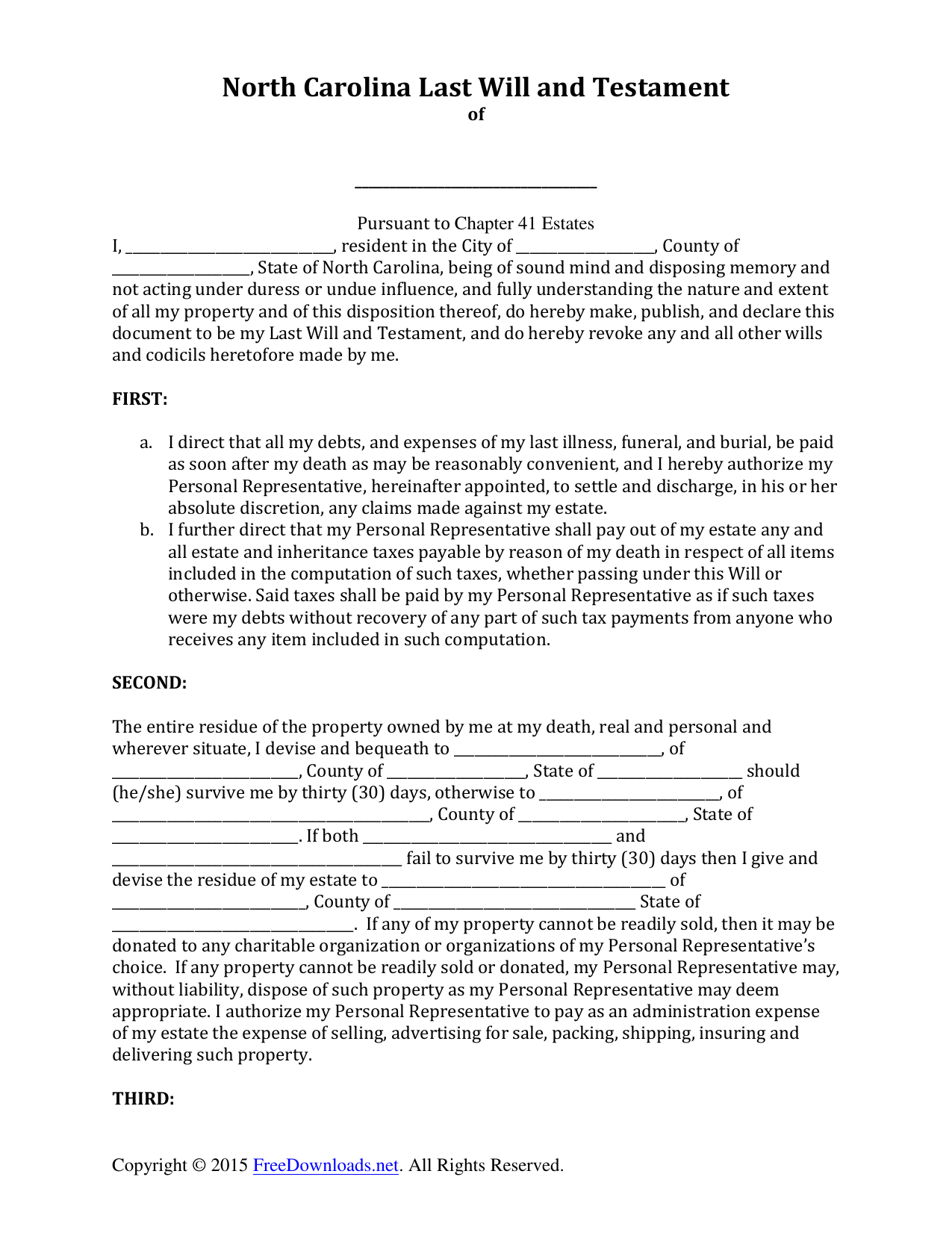 Download North Carolina Last Will and Testament Form  PDF  RTF