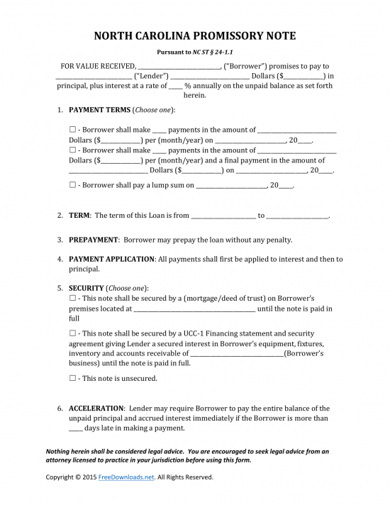 Download North Carolina Promissory Note Form PDF RTF Word 
