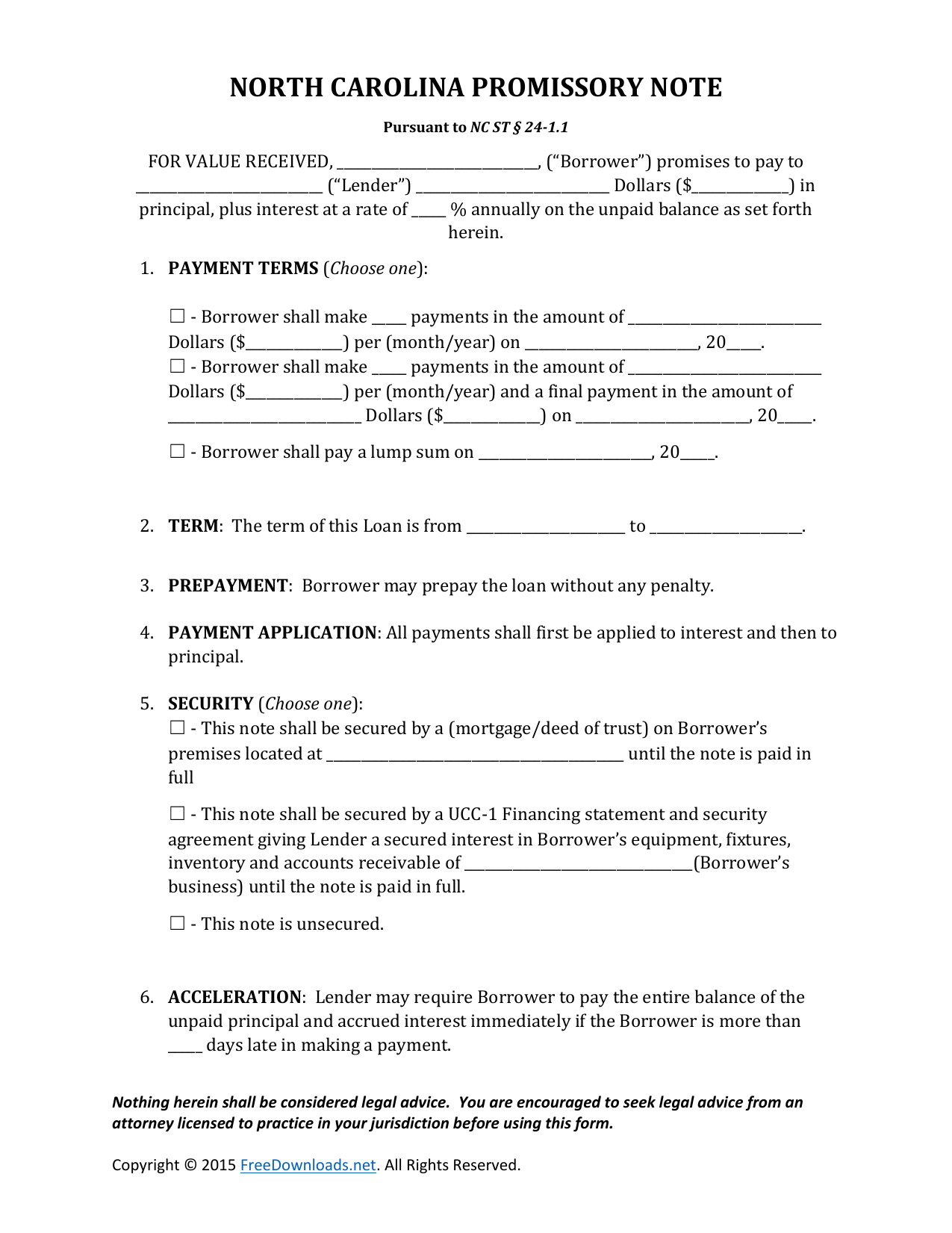 Download North Carolina Promissory Note Form PDF RTF Word