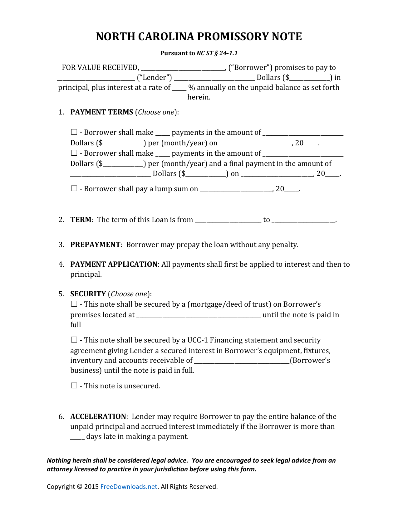 Download North Carolina Promissory Note Form PDF RTF Word 