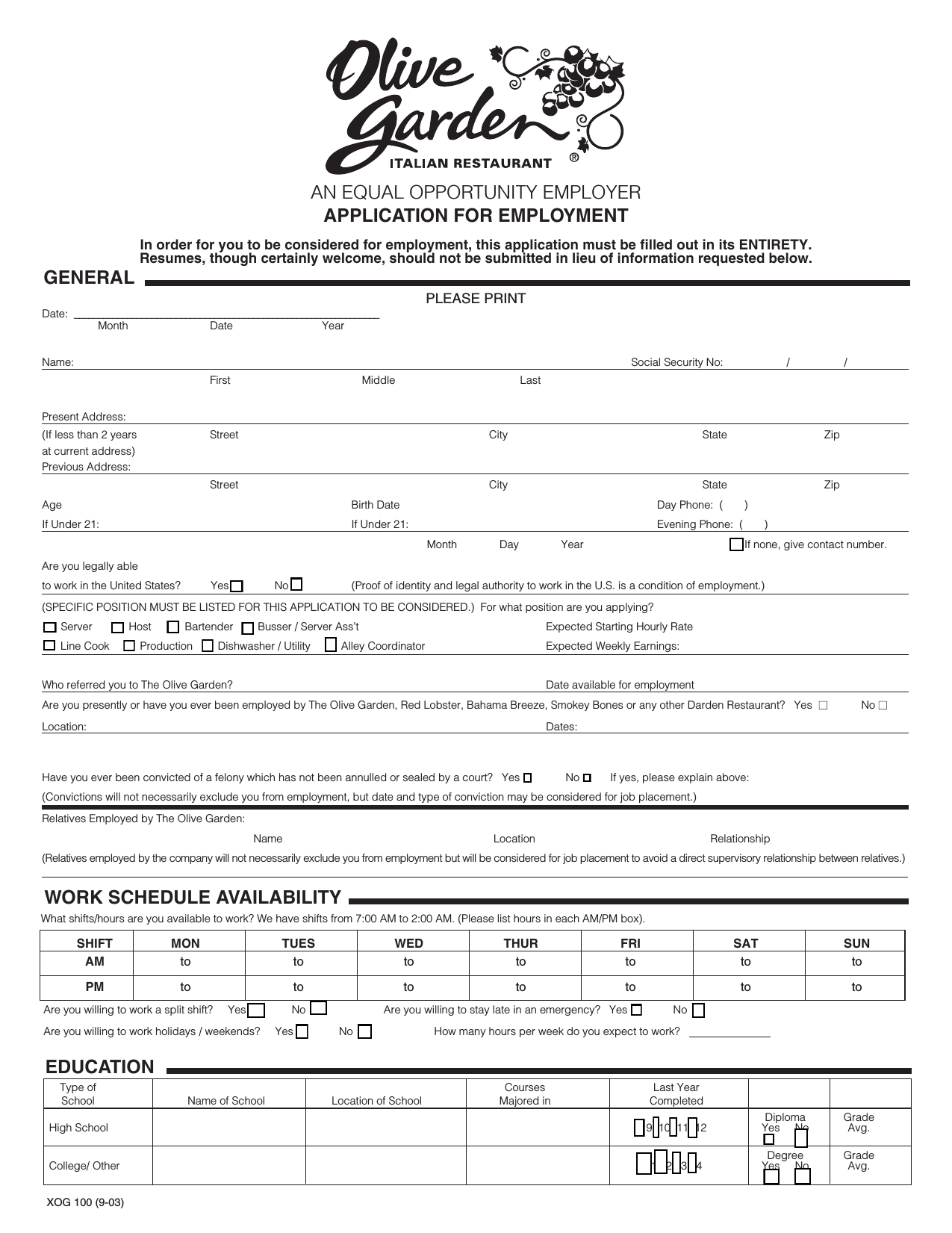 Download Olive Garden Job Application Form Careers Pdf Rtf