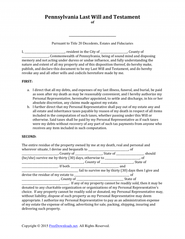 Download Pennsylvania Last Will and Testament Form PDF RTF Word
