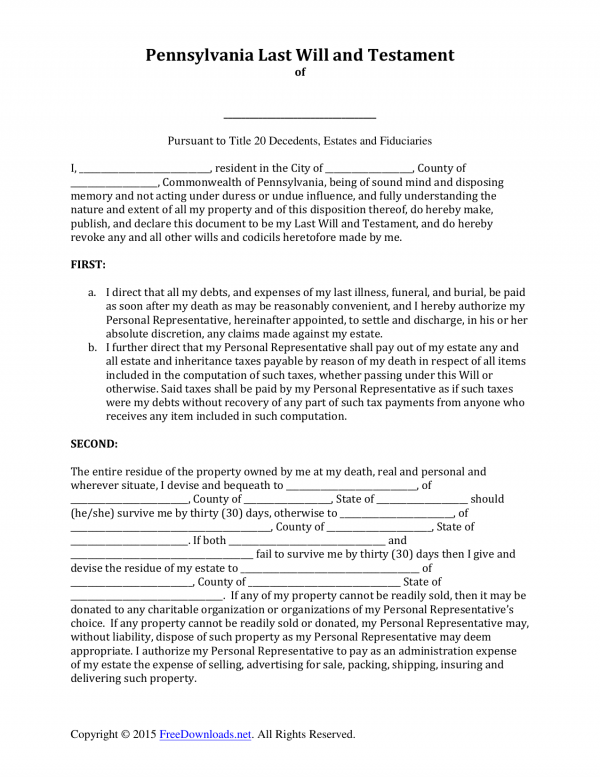 Download Pennsylvania Last Will And Testament Form PDF RTF Word FreeDownloads