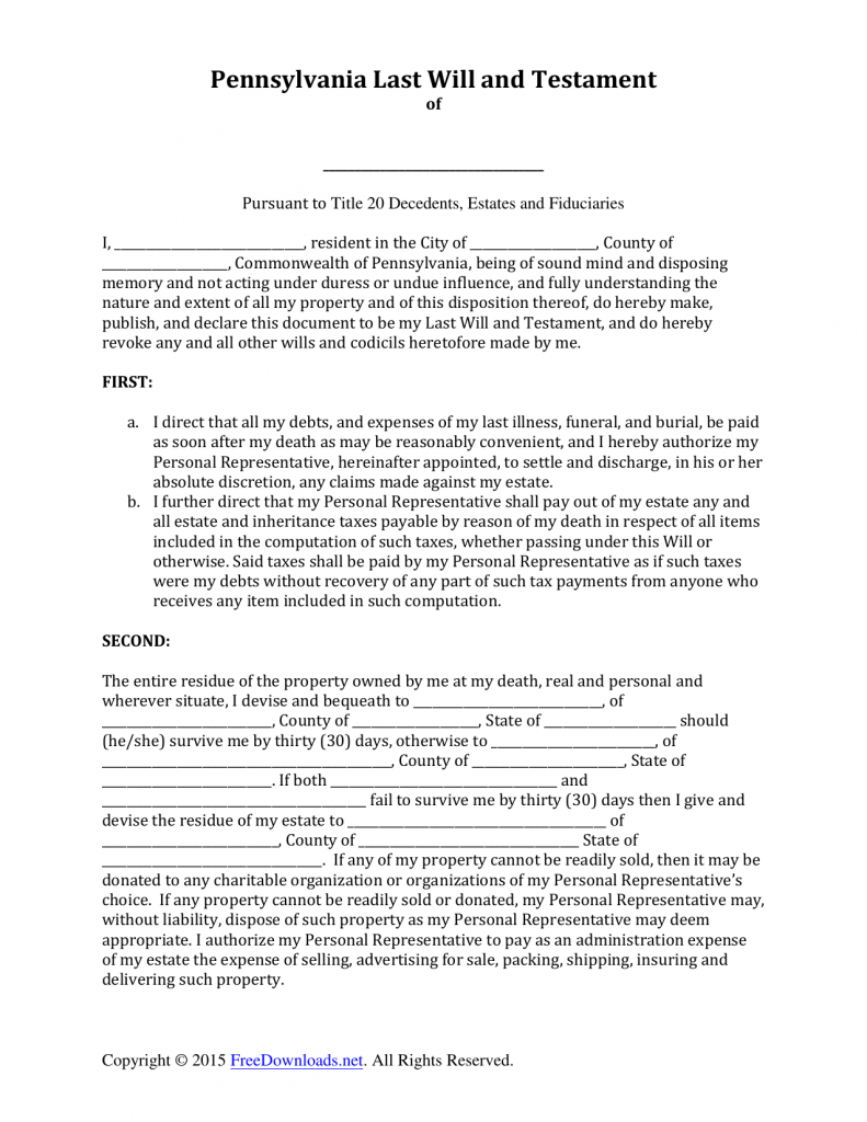 pennsylvania last will and testament form free download pennsylvania last will and testament form free download