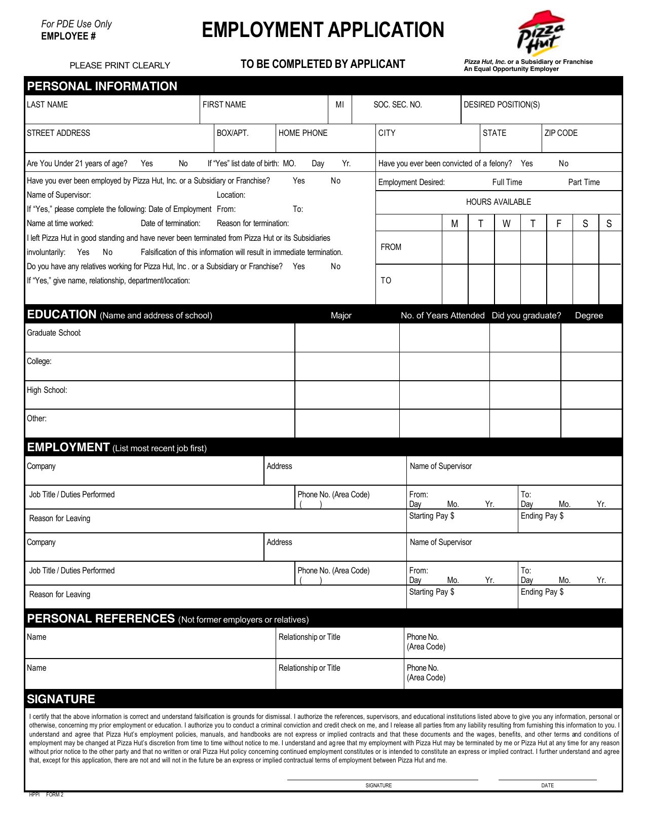 Download Pizza Hut Job Application Form PDF
