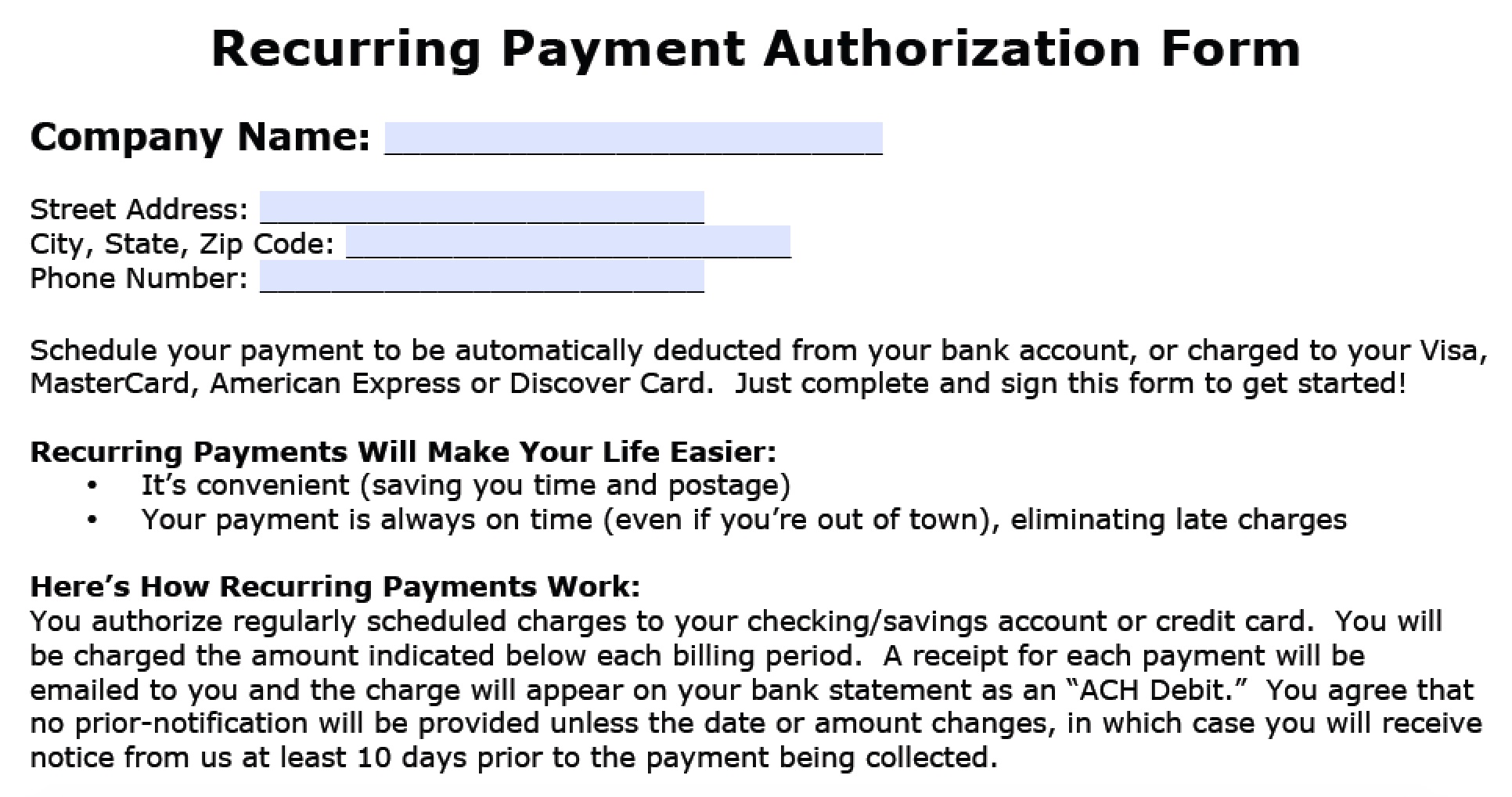 word debit form ach Payment Download Template Recurring Authorization Form