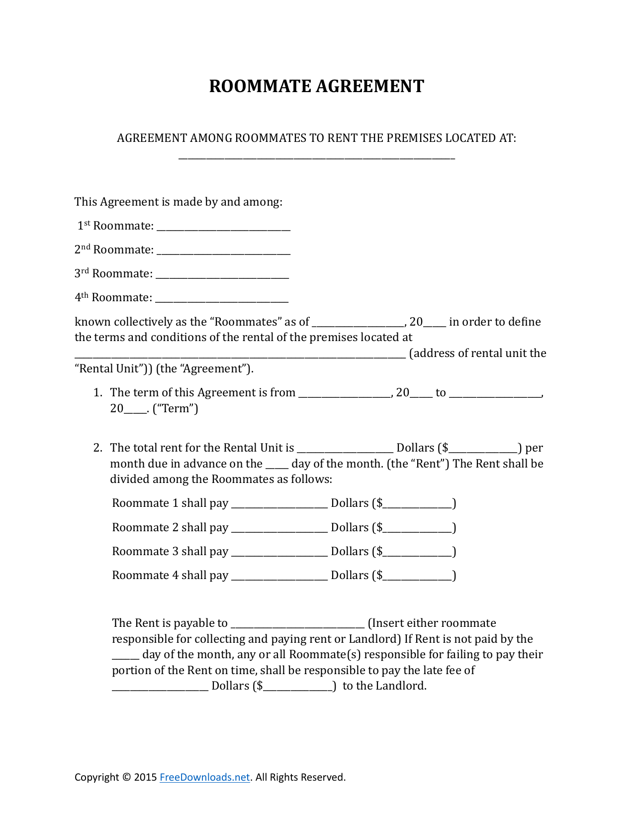 Download Roommate Rental Lease Agreement Form PDF RTF Word