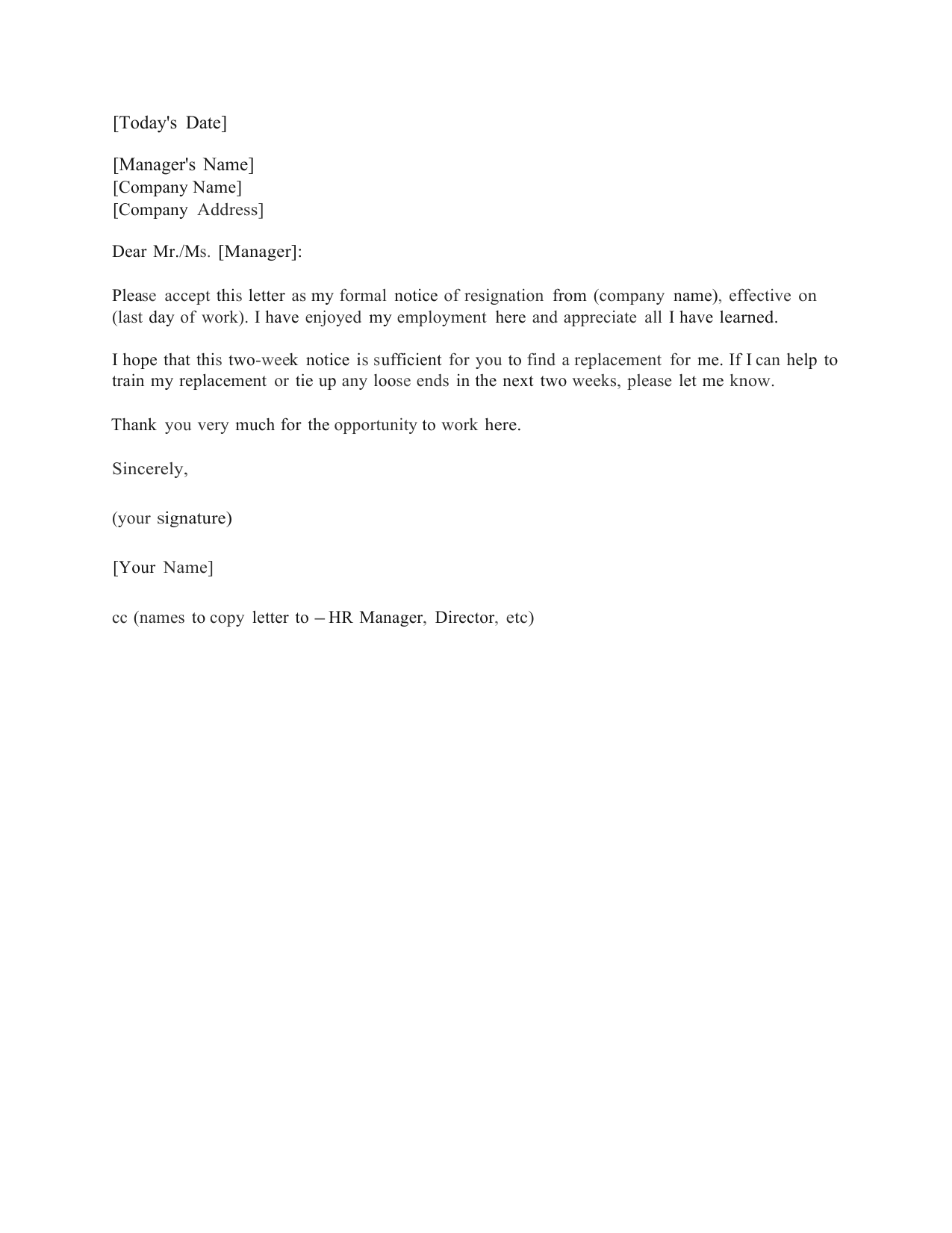 Download Standard Two (2) Weeks Notice Letter Template and Sample PDF