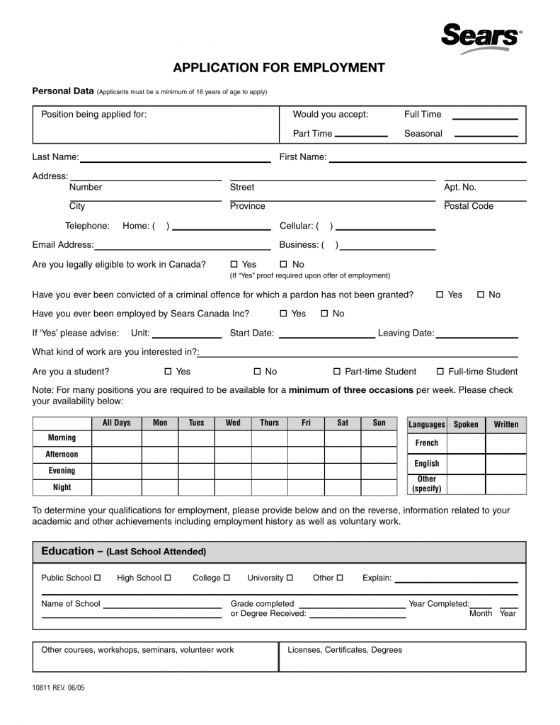 Download Sears Job Application Form Careers PDF