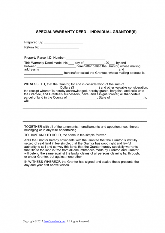 Free Printable Special Warranty Deed Pdf