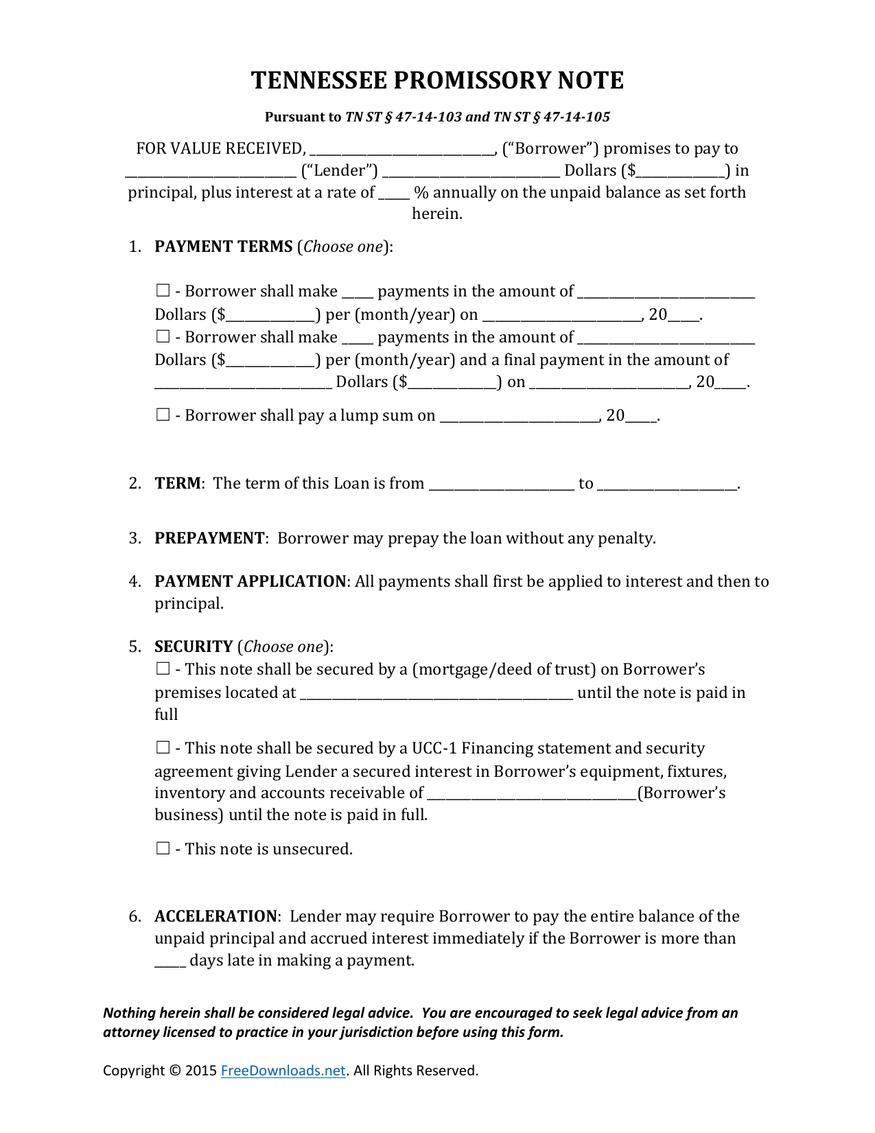 Download Tennessee Promissory Note Form  PDF  RTF  Word Pertaining To Auto Promissory Note Template