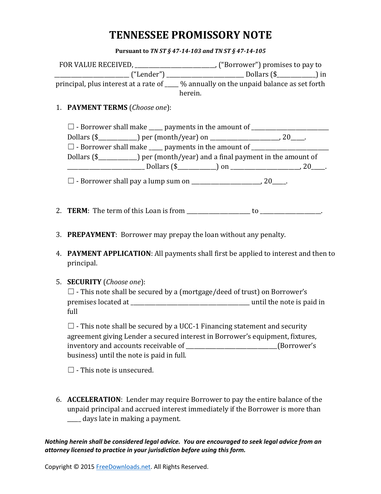 Download Tennessee Promissory Note Form PDF RTF Word