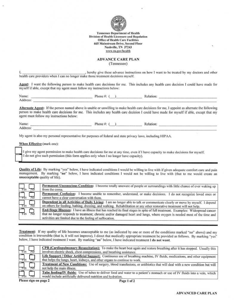Download tennessee living will form advance directive pdf