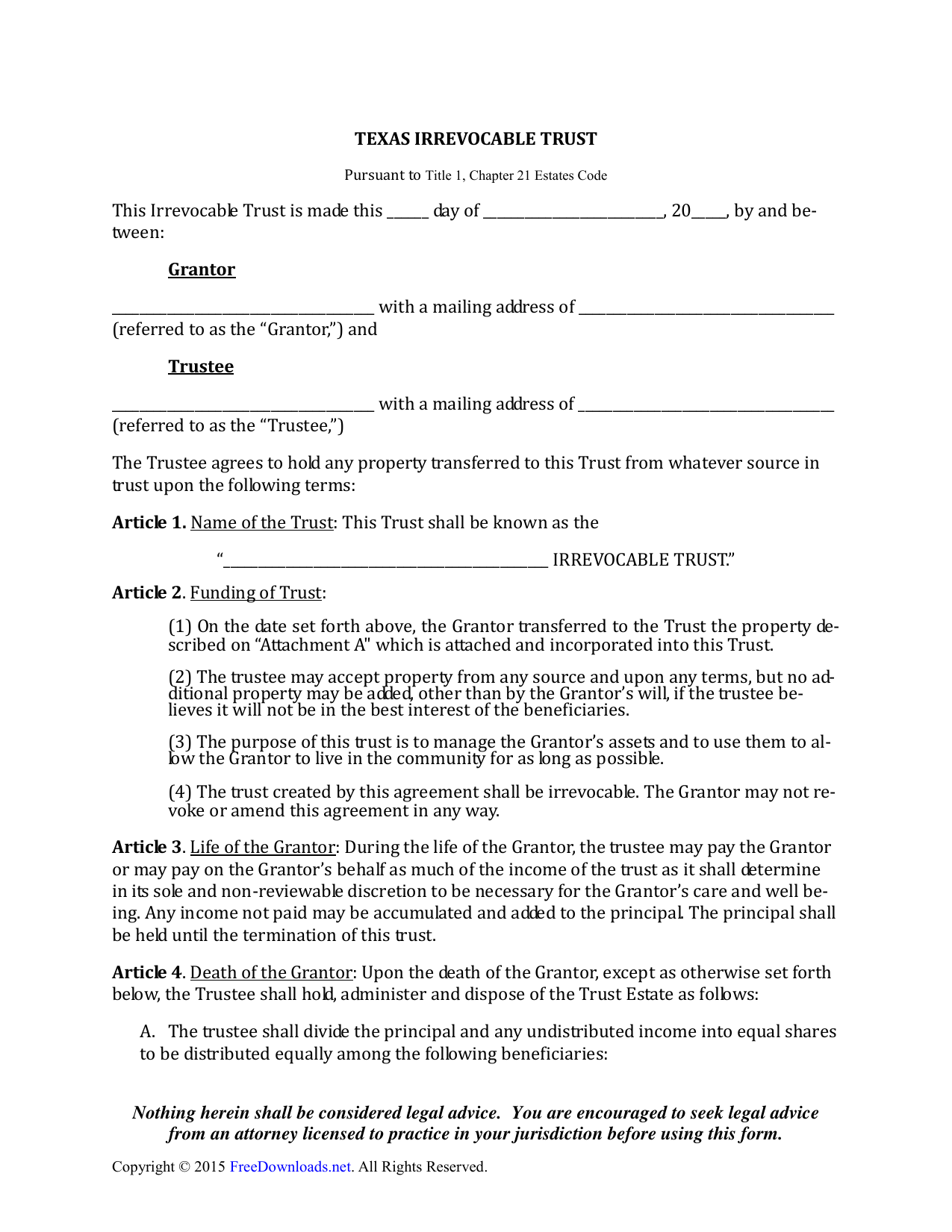 Download Texas Irrevocable Living Trust Form PDF RTF Word