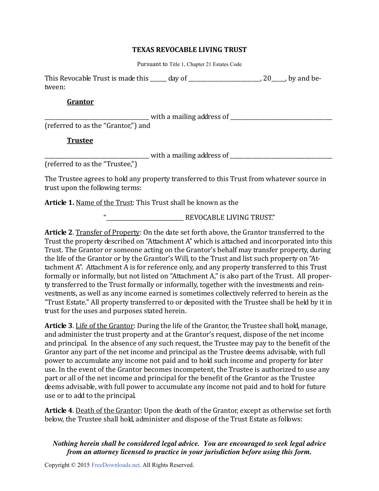 Download Texas Revocable Living Trust form PDF RTF Word