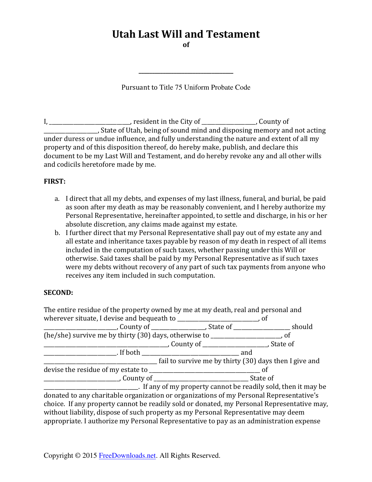 Download Utah Last Will and Testament Form PDF RTF Word