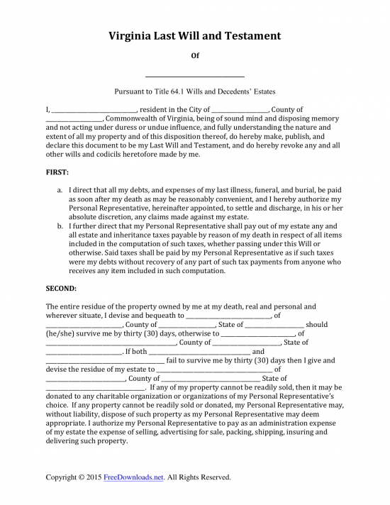 Download Virginia Last Will and Testament Form PDF Word