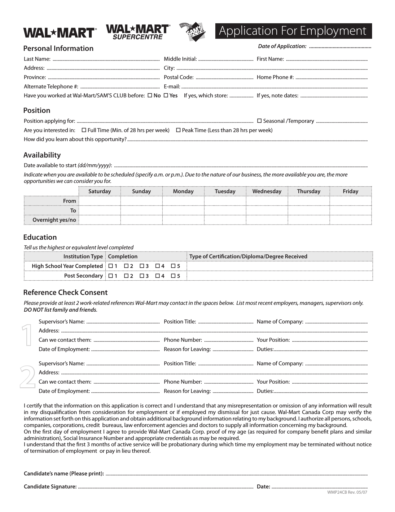 Printable Walmart Application Printable Form, Templates and Letter