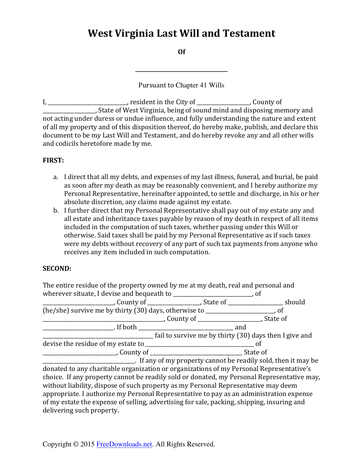 Download West Virginia Last Will And Testament Form Pdf Rtf Word Freedownloads Net
