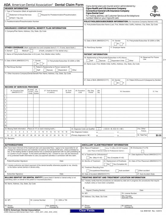 Download CIGNA Dental Claim | Form -J430D | PDF | RTF | Word ...